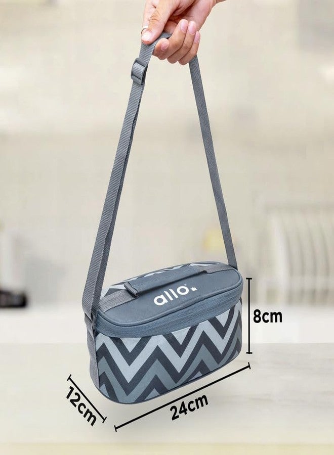 أللو علبة غداء من الفولاذ المقاوم للصدأ من ألو، آمنة للاستخدام في الميكروويف، مع حقيبة، مناسبة للرجال والنساء، محكمة الإغلاق ومقاومة للتسرب، مثالية للمكتب والمدرسة والجامعة، طقم من 3 قطع مع حقيبة رمادية بنقشة شيفرون. - Image 4